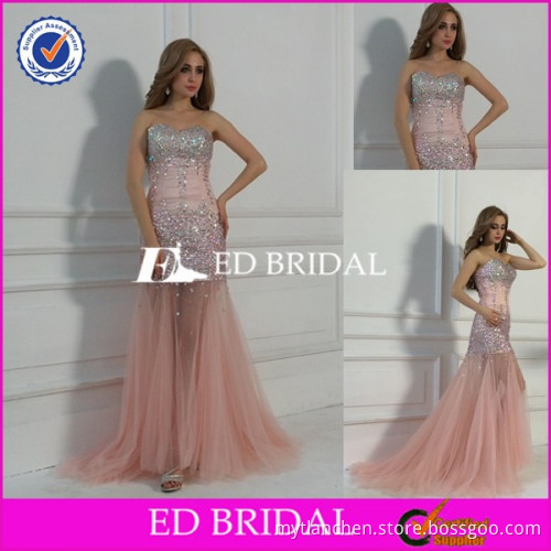 Real Picture MC04 Sweetheart Neckline Crystal Beading Tulle Mermaid Pink Prom Dress